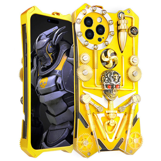For iPhone 15 Pro Max Metal Gear Kickstand Phone Case Skull Toy Steampunk Shockproof Cover