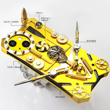 For iPhone 15 Pro Max Metal Gear Kickstand Phone Case Skull Toy Steampunk Shockproof Cover