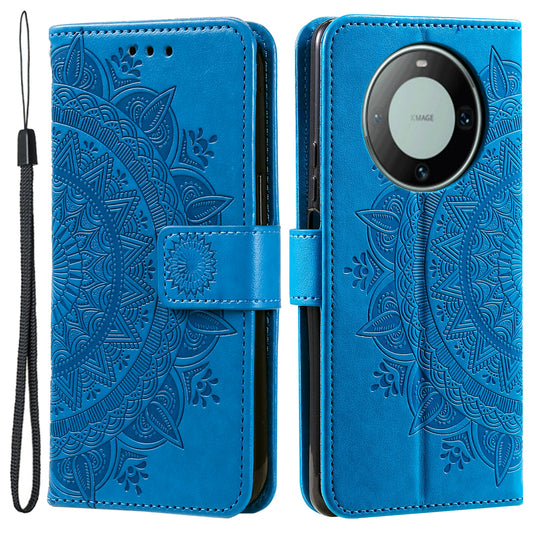For Huawei Mate 60 Wallet PU Leather Phone Case Mandala Flower Imprinted Stand Cover with Strap
