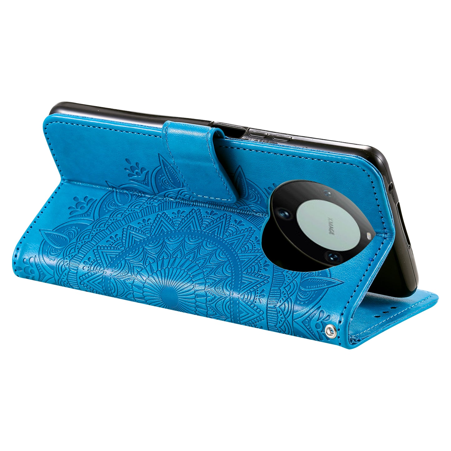 For Huawei Mate 60 Wallet PU Leather Phone Case Mandala Flower Imprinted Stand Cover with Strap