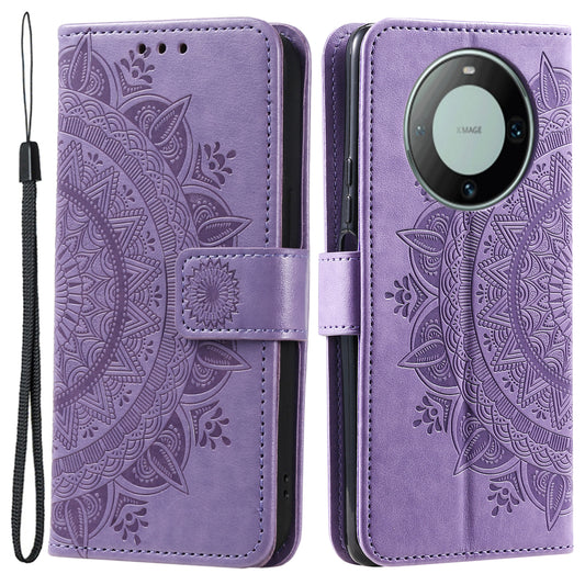For Huawei Mate 60 Wallet PU Leather Phone Case Mandala Flower Imprinted Stand Cover with Strap
