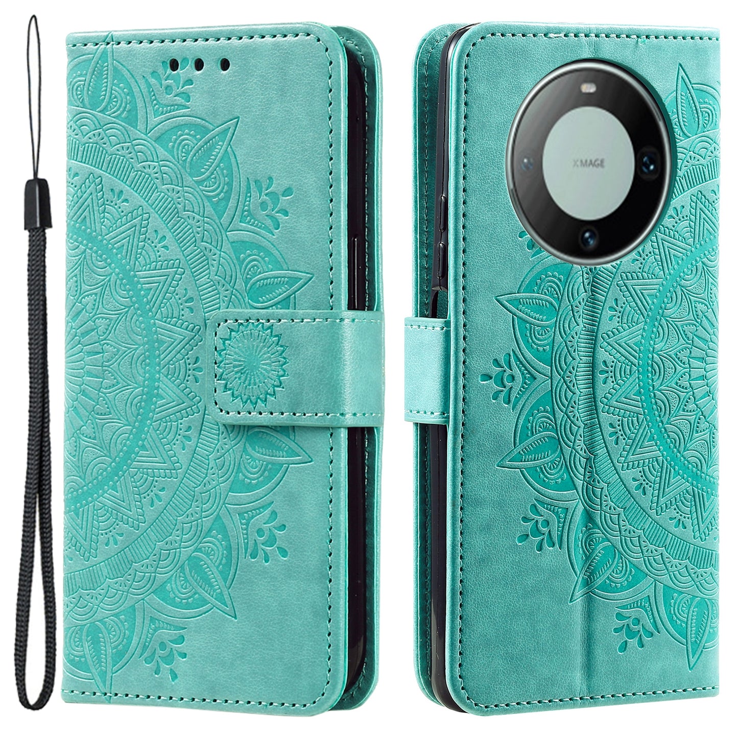 For Huawei Mate 60 Wallet PU Leather Phone Case Mandala Flower Imprinted Stand Cover with Strap