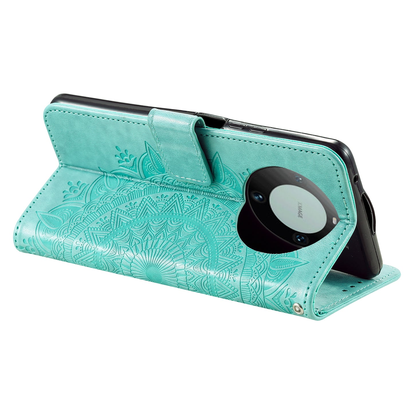 For Huawei Mate 60 Wallet PU Leather Phone Case Mandala Flower Imprinted Stand Cover with Strap