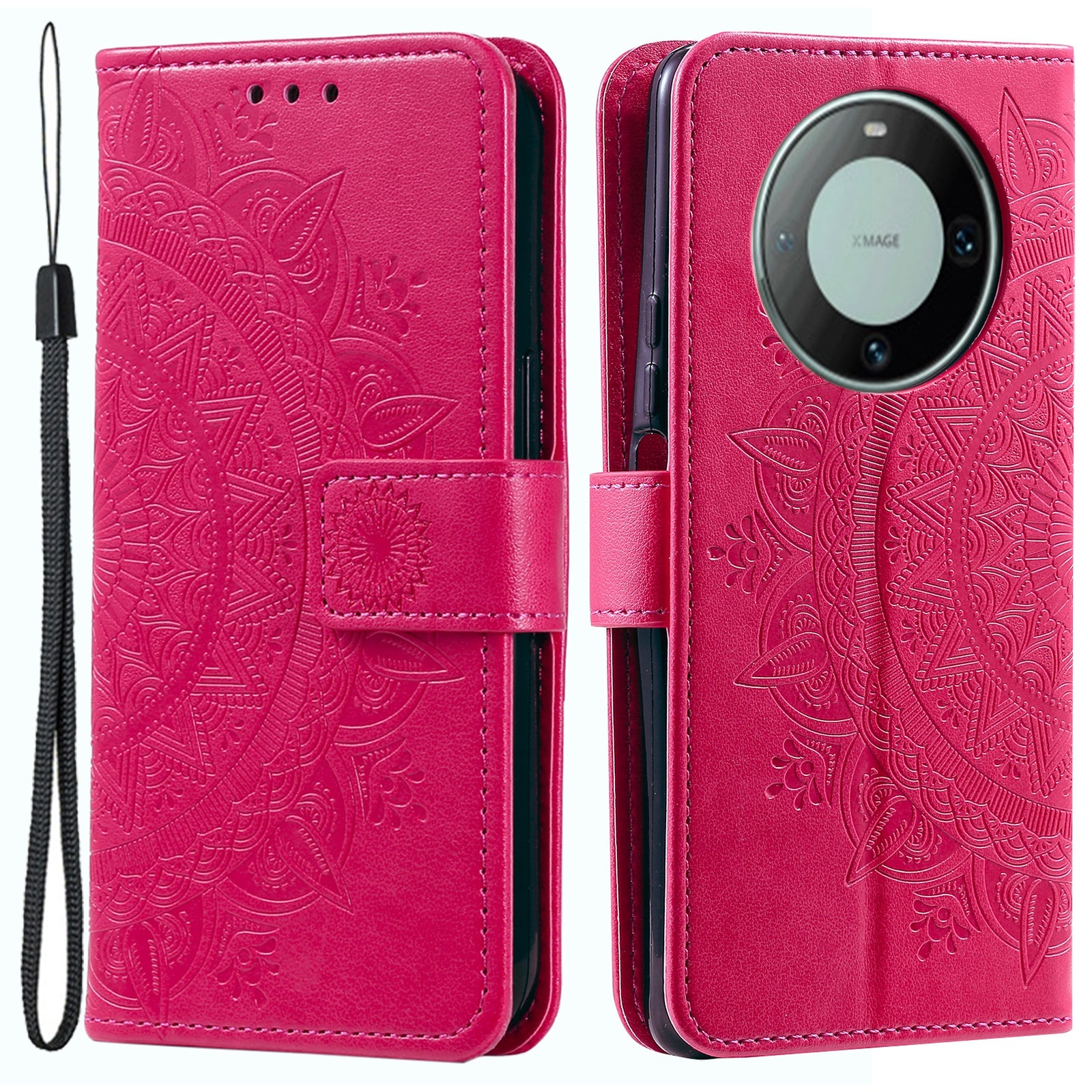 For Huawei Mate 60 Wallet PU Leather Phone Case Mandala Flower Imprinted Stand Cover with Strap
