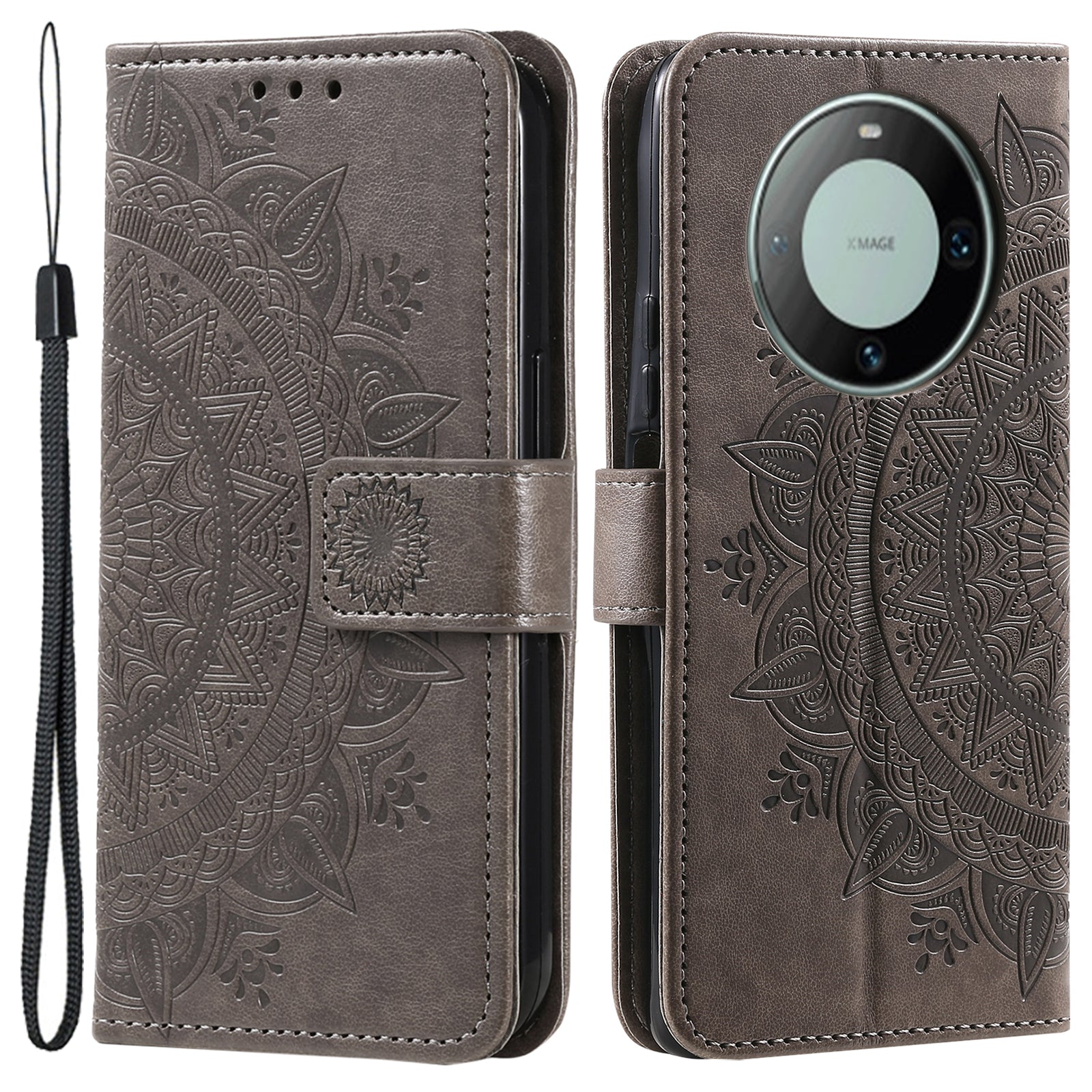 For Huawei Mate 60 Wallet PU Leather Phone Case Mandala Flower Imprinted Stand Cover with Strap