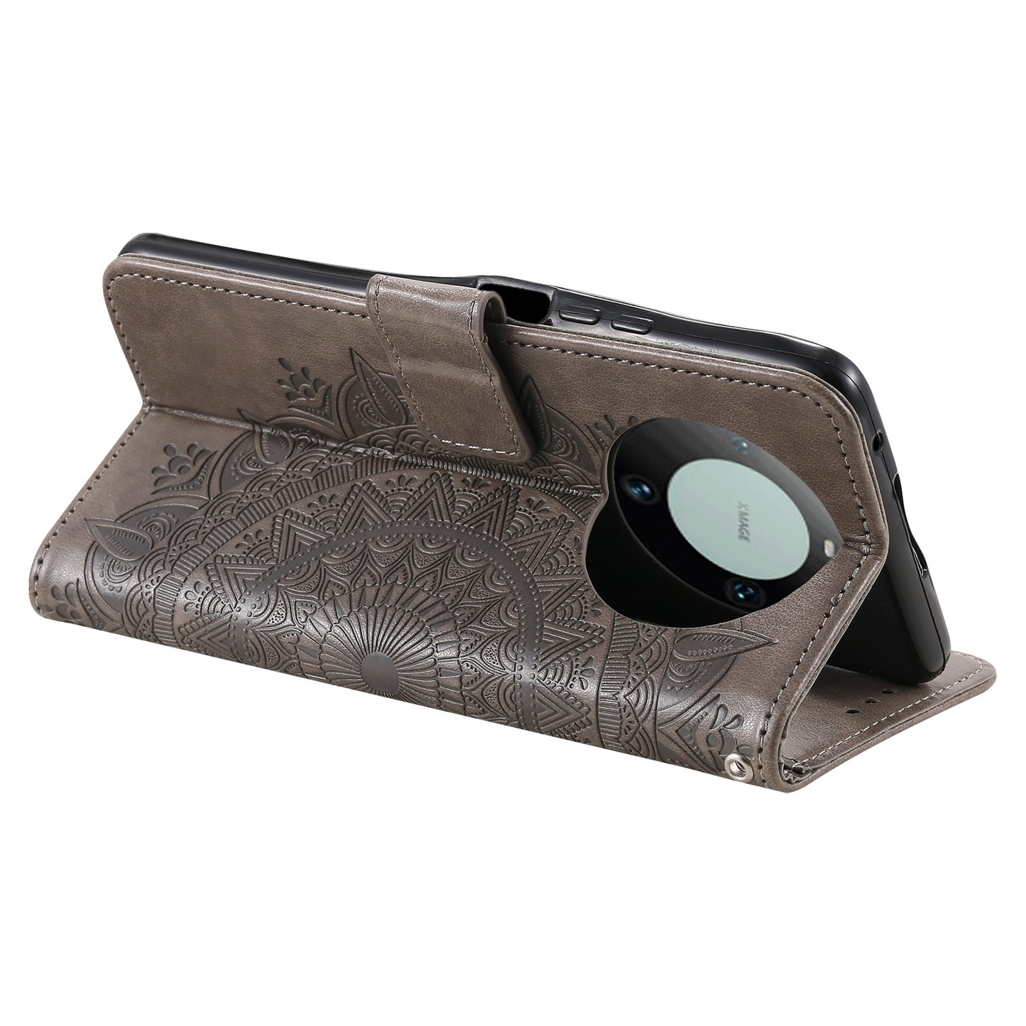 For Huawei Mate 60 Wallet PU Leather Phone Case Mandala Flower Imprinted Stand Cover with Strap
