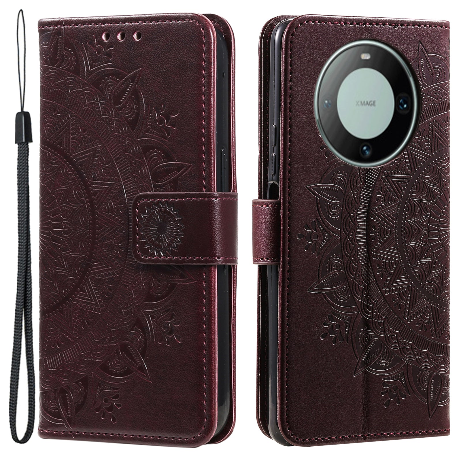 For Huawei Mate 60 Wallet PU Leather Phone Case Mandala Flower Imprinted Stand Cover with Strap
