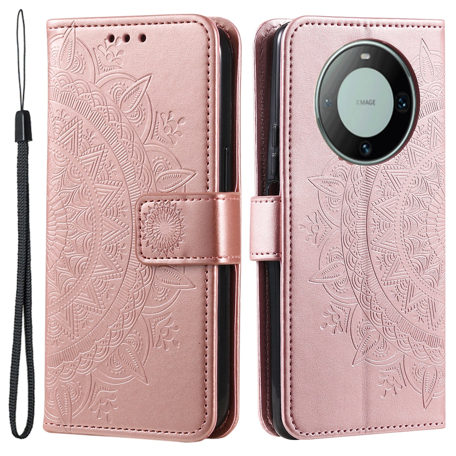 For Huawei Mate 60 Wallet PU Leather Phone Case Mandala Flower Imprinted Stand Cover with Strap