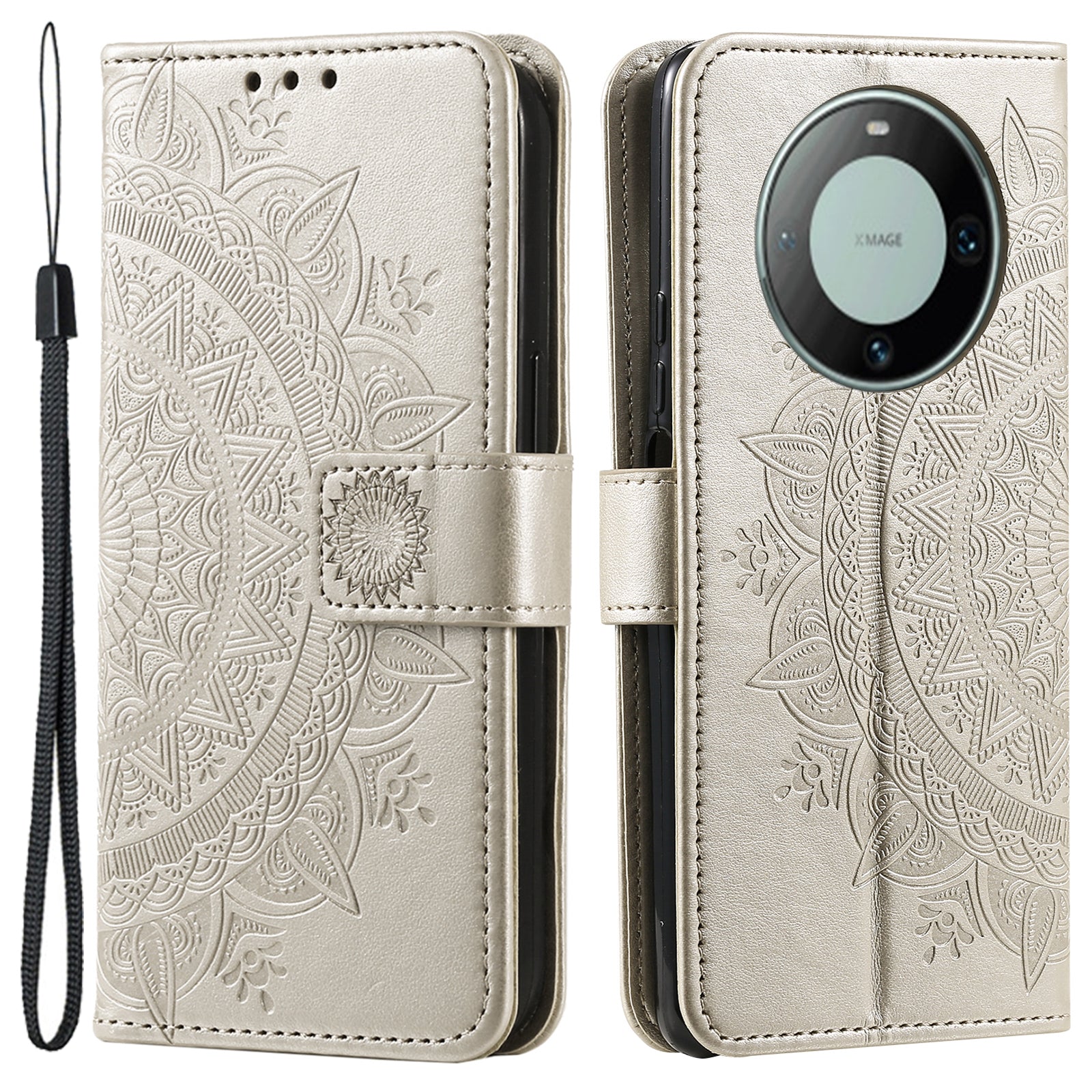 For Huawei Mate 60 Wallet PU Leather Phone Case Mandala Flower Imprinted Stand Cover with Strap