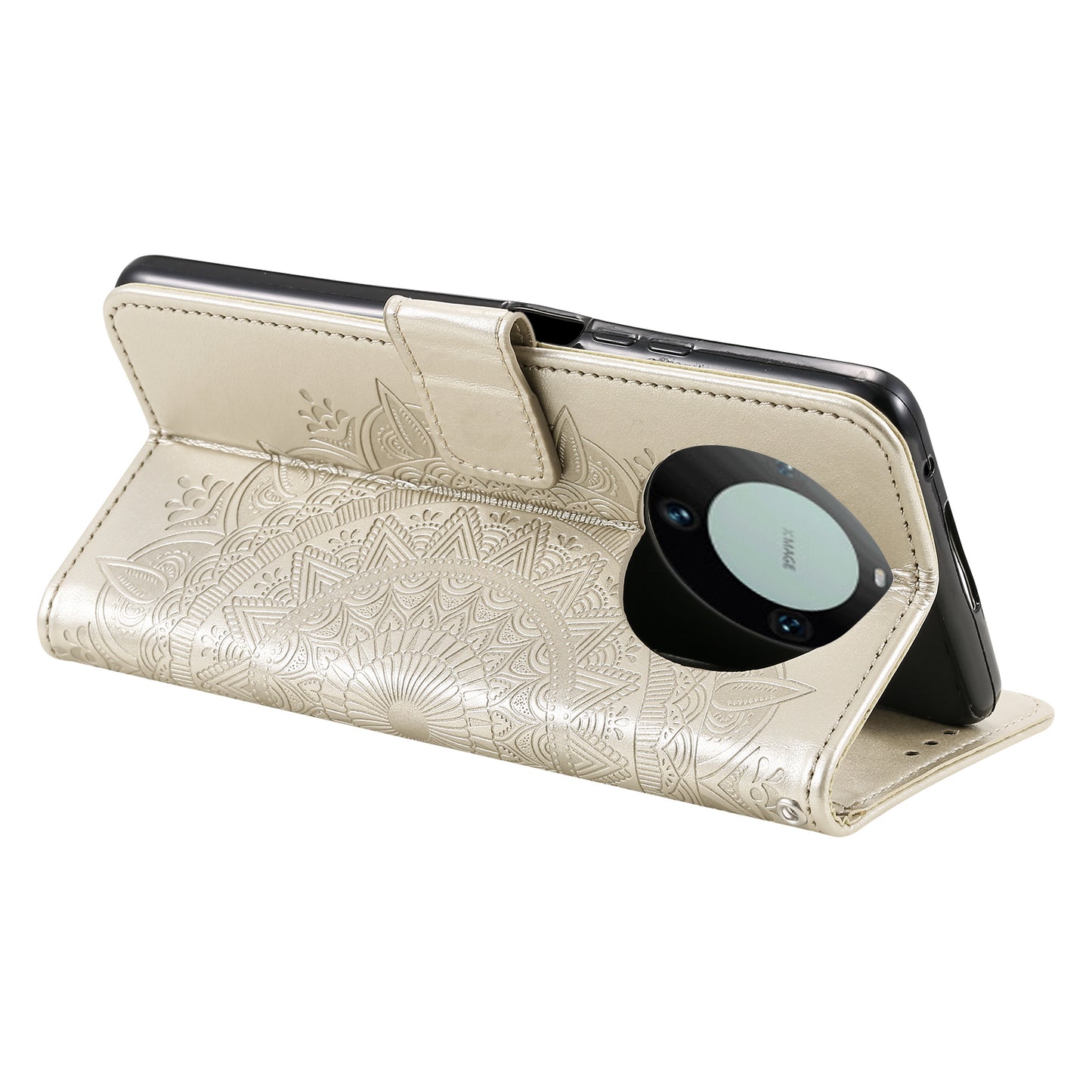 For Huawei Mate 60 Wallet PU Leather Phone Case Mandala Flower Imprinted Stand Cover with Strap