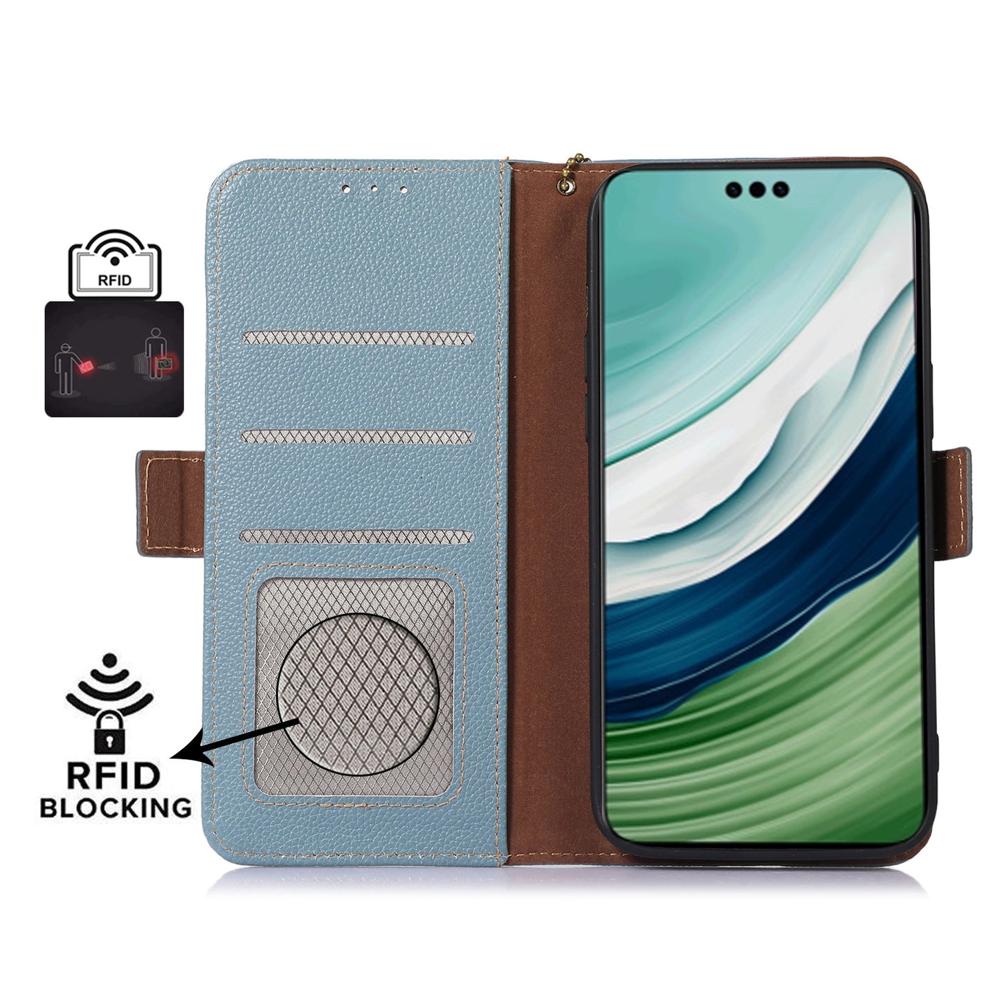 For Huawei Mate 60 Pro RFID Blocking Wallet Stand Shell Genuine Cow Leather Anti-drop Phone Case