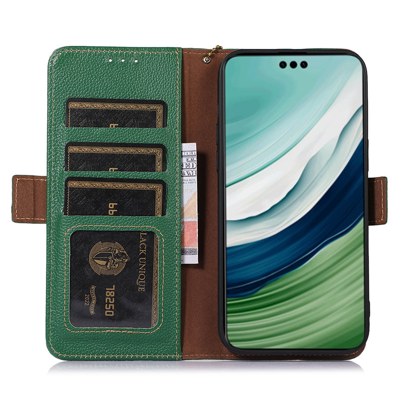 For Huawei Mate 60 Pro RFID Blocking Wallet Stand Shell Genuine Cow Leather Anti-drop Phone Case