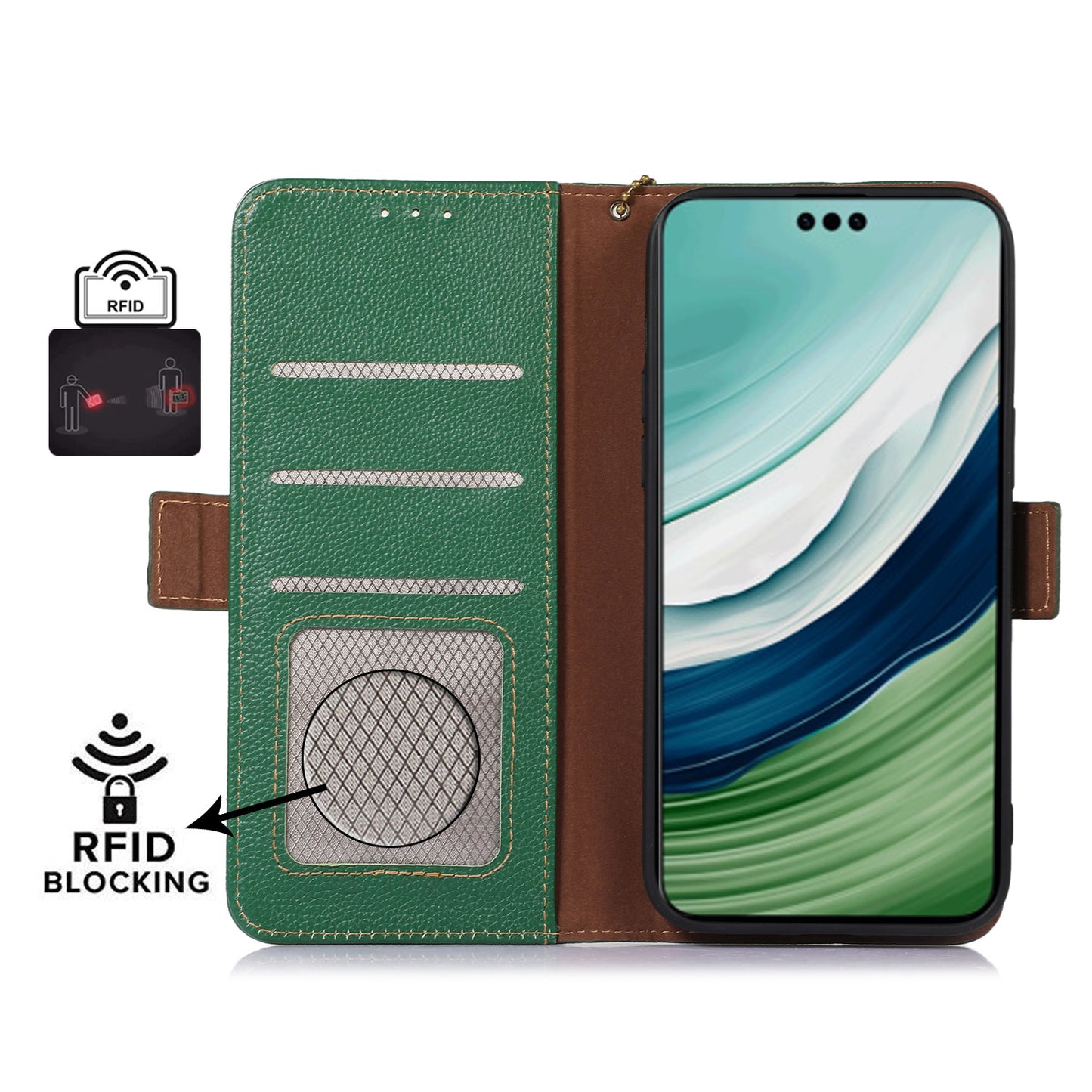 For Huawei Mate 60 Pro RFID Blocking Wallet Stand Shell Genuine Cow Leather Anti-drop Phone Case