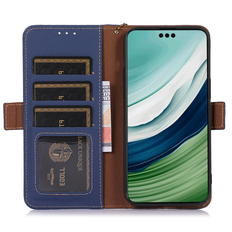 For Huawei Mate 60 Pro RFID Blocking Wallet Stand Shell Genuine Cow Leather Anti-drop Phone Case
