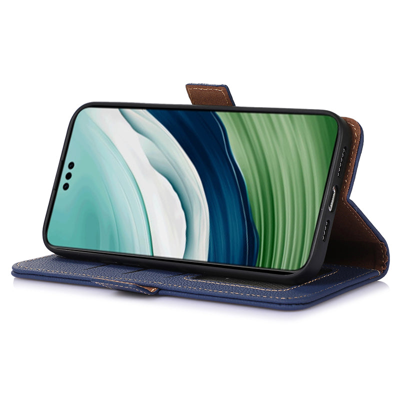 For Huawei Mate 60 Pro RFID Blocking Wallet Stand Shell Genuine Cow Leather Anti-drop Phone Case