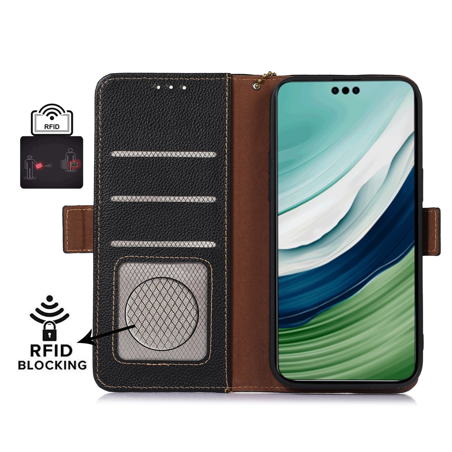 For Huawei Mate 60 Pro RFID Blocking Wallet Stand Shell Genuine Cow Leather Anti-drop Phone Case