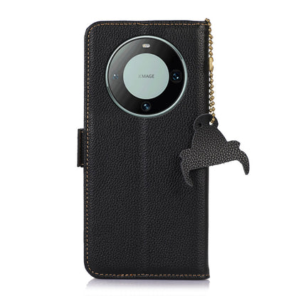 For Huawei Mate 60 Pro RFID Blocking Wallet Stand Shell Genuine Cow Leather Anti-drop Phone Case