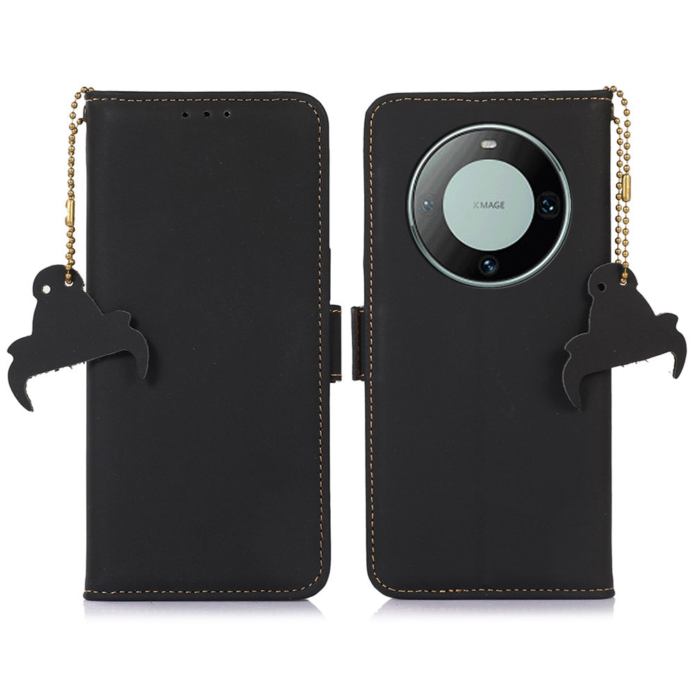 For Huawei Mate 60 RFID Blocking Genuine Cow Leather Case Silky Feeling Phone Stand Wallet Cover