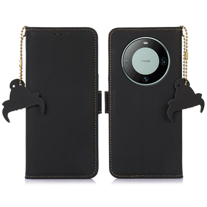 For Huawei Mate 60 RFID Blocking Genuine Cow Leather Case Silky Feeling Phone Stand Wallet Cover