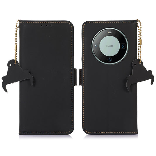 For Huawei Mate 60 RFID Blocking Genuine Cow Leather Case Silky Feeling Phone Stand Wallet Cover