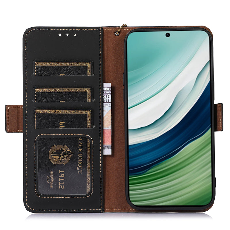 For Huawei Mate 60 RFID Blocking Genuine Cow Leather Case Silky Feeling Phone Stand Wallet Cover