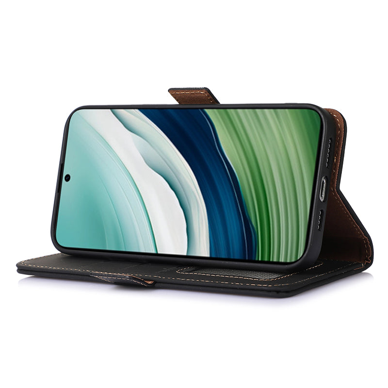 For Huawei Mate 60 RFID Blocking Genuine Cow Leather Case Silky Feeling Phone Stand Wallet Cover