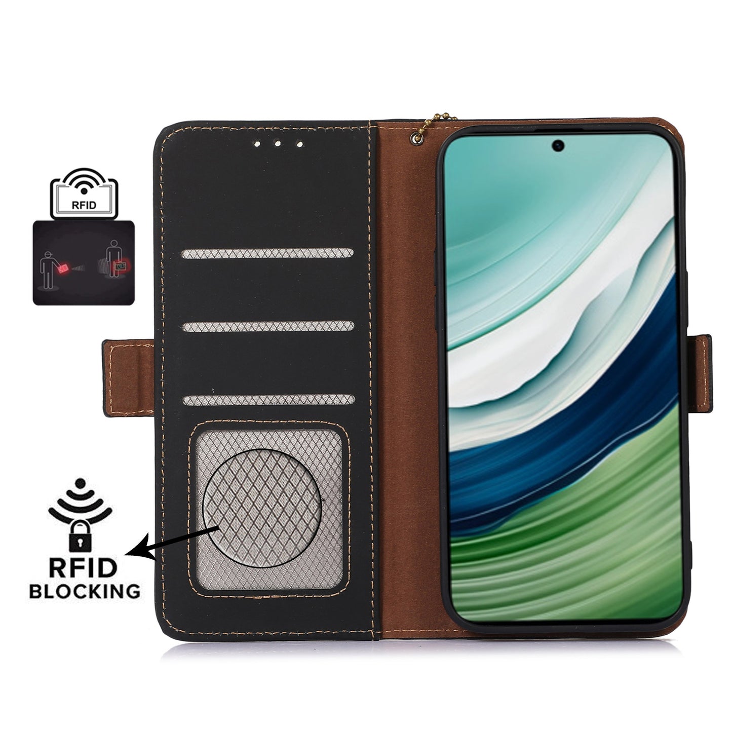 For Huawei Mate 60 RFID Blocking Genuine Cow Leather Case Silky Feeling Phone Stand Wallet Cover