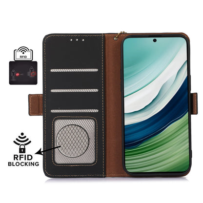 For Huawei Mate 60 RFID Blocking Genuine Cow Leather Case Silky Feeling Phone Stand Wallet Cover