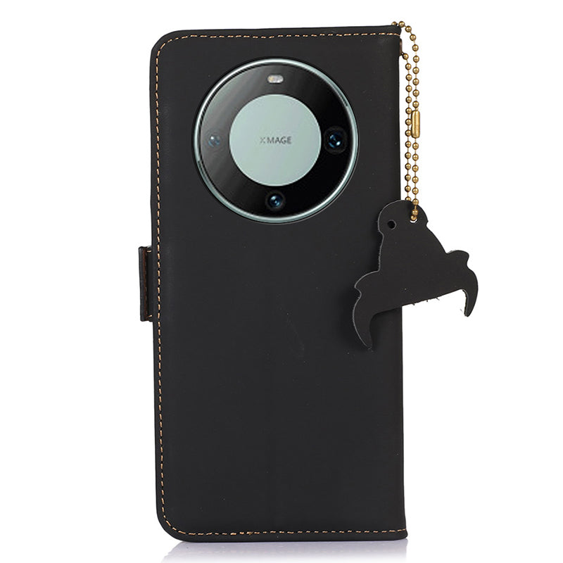 For Huawei Mate 60 RFID Blocking Genuine Cow Leather Case Silky Feeling Phone Stand Wallet Cover