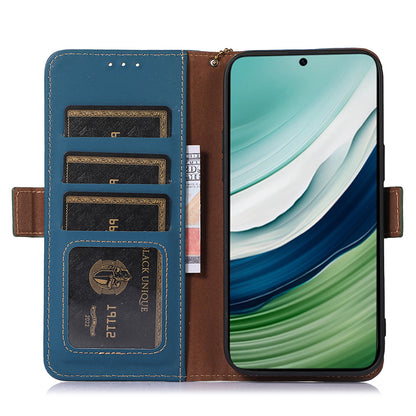 For Huawei Mate 60 RFID Blocking Genuine Cow Leather Case Silky Feeling Phone Stand Wallet Cover