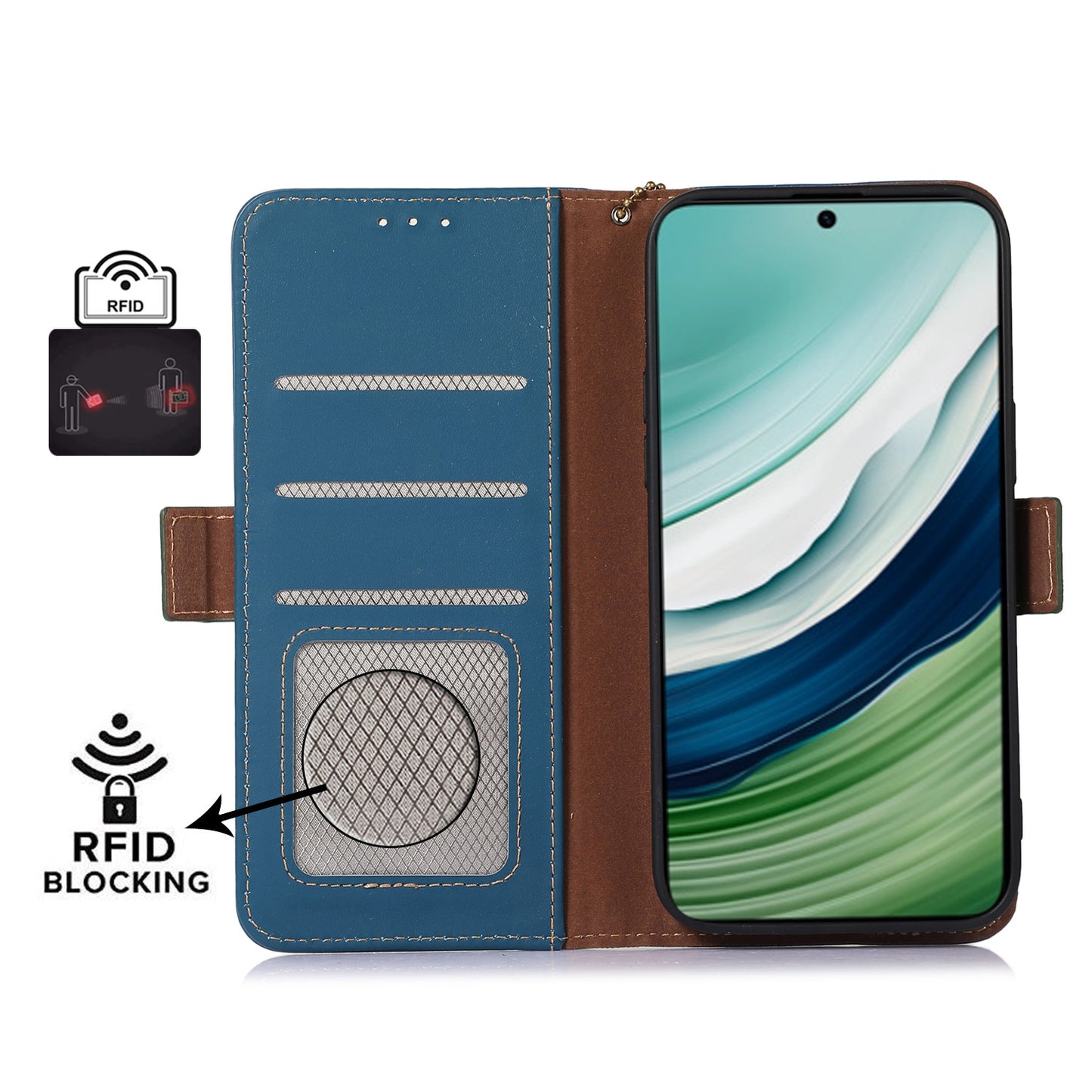 For Huawei Mate 60 RFID Blocking Genuine Cow Leather Case Silky Feeling Phone Stand Wallet Cover