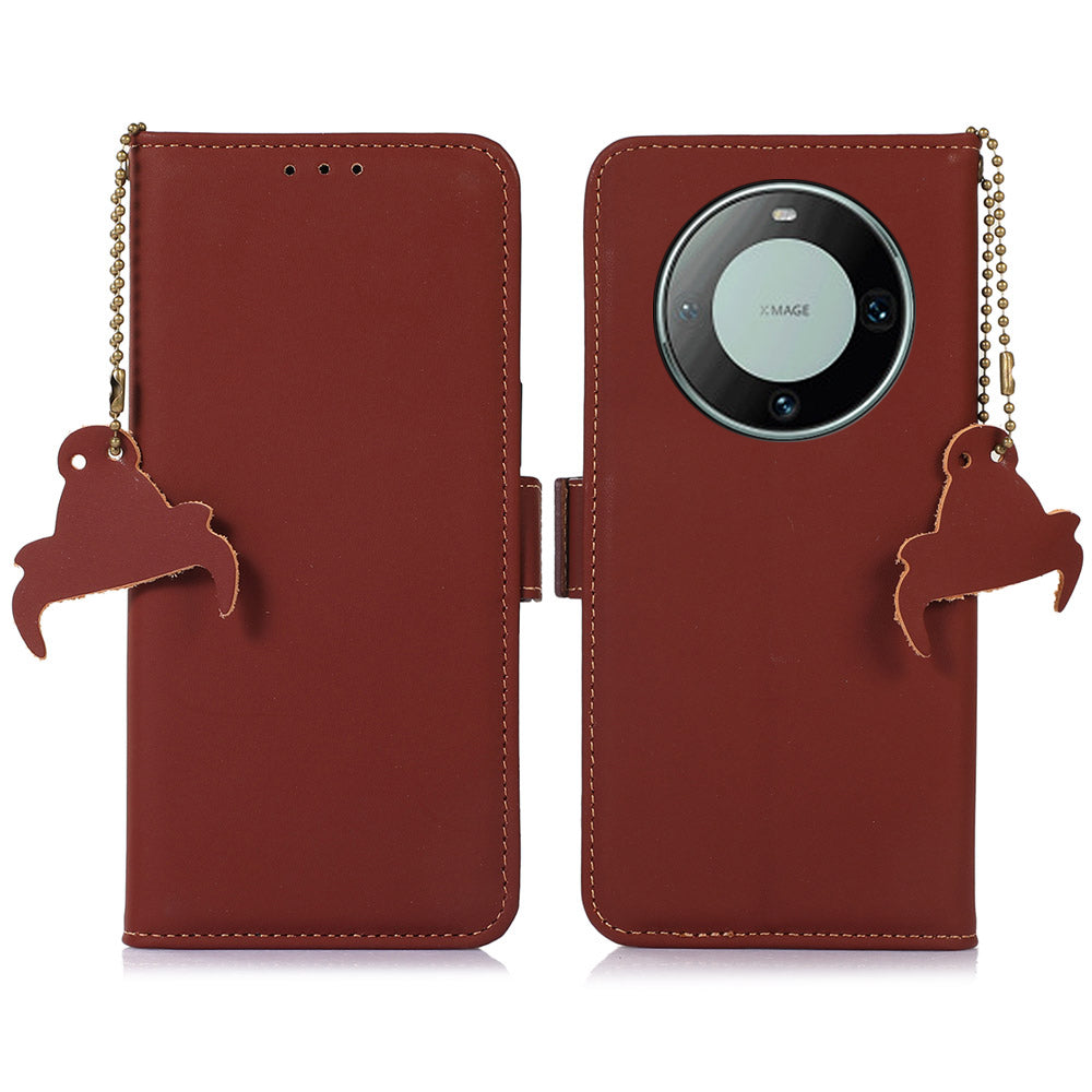 For Huawei Mate 60 RFID Blocking Genuine Cow Leather Case Silky Feeling Phone Stand Wallet Cover