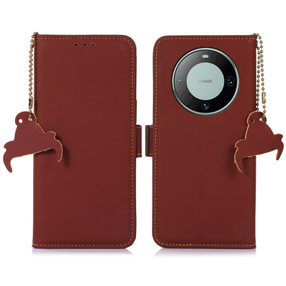 For Huawei Mate 60 RFID Blocking Genuine Cow Leather Case Silky Feeling Phone Stand Wallet Cover