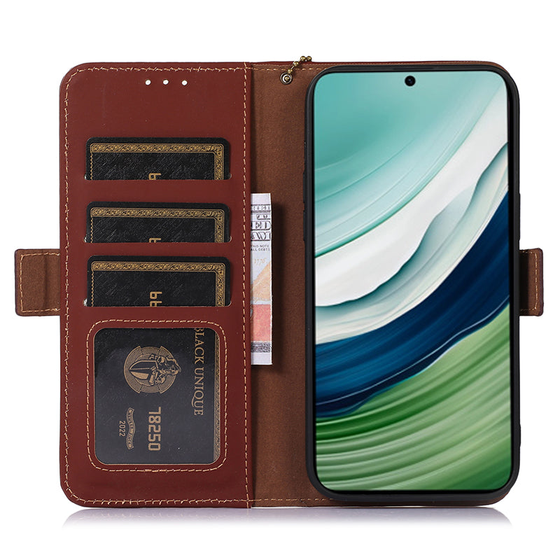 For Huawei Mate 60 RFID Blocking Genuine Cow Leather Case Silky Feeling Phone Stand Wallet Cover