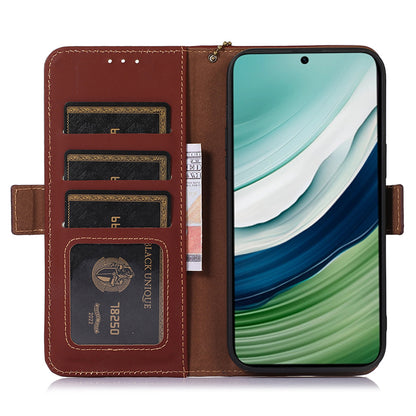 For Huawei Mate 60 RFID Blocking Genuine Cow Leather Case Silky Feeling Phone Stand Wallet Cover