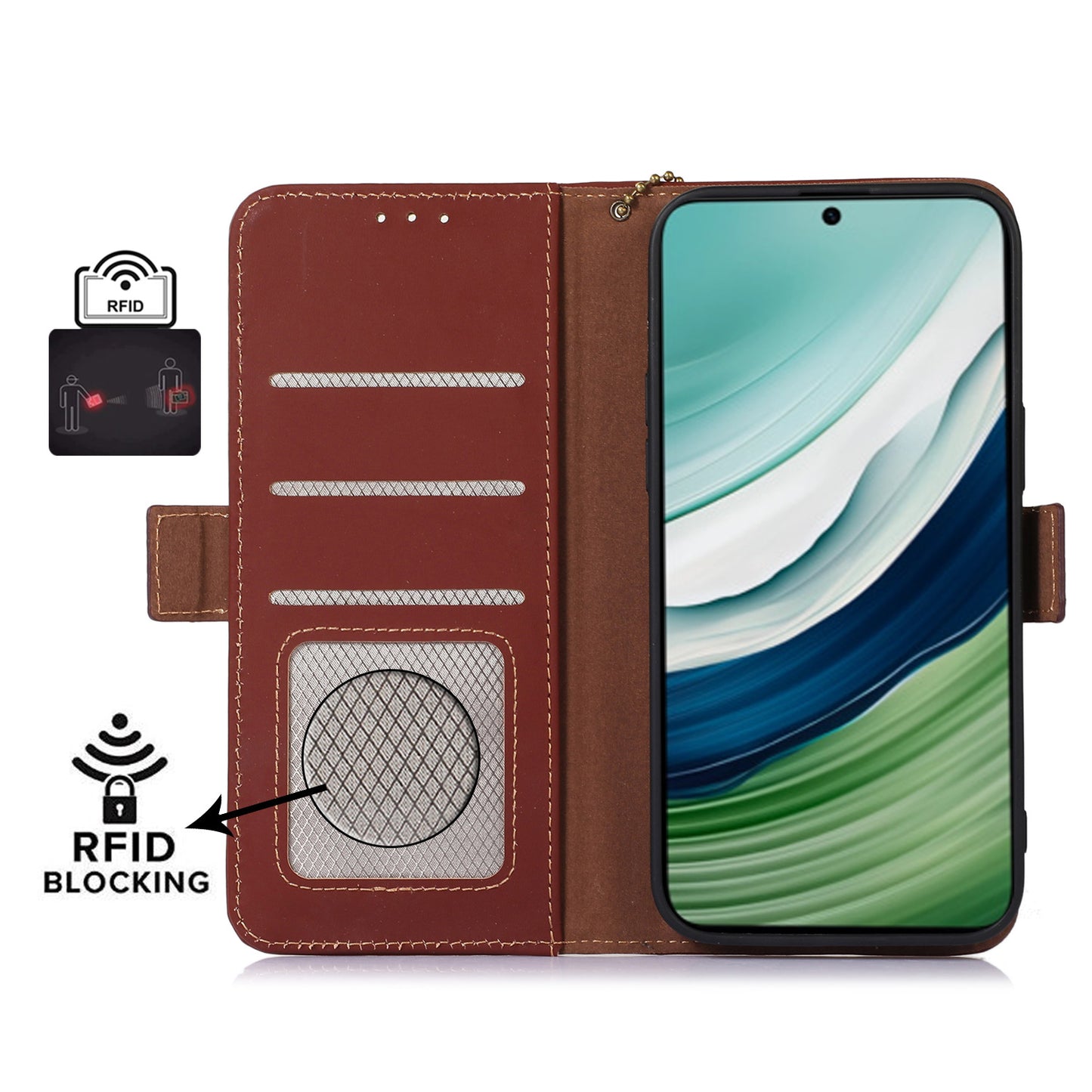 For Huawei Mate 60 RFID Blocking Genuine Cow Leather Case Silky Feeling Phone Stand Wallet Cover