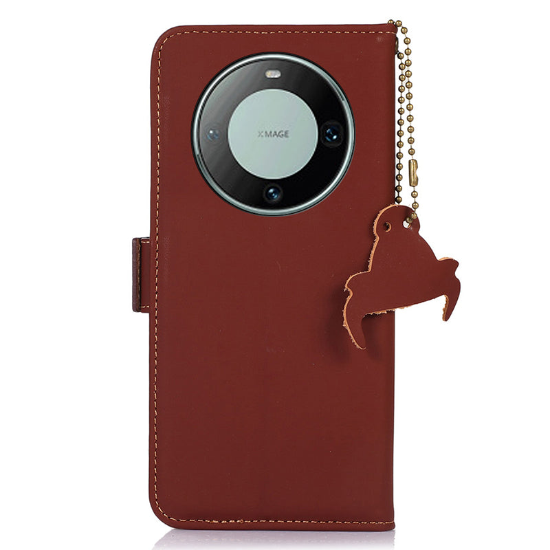 For Huawei Mate 60 RFID Blocking Genuine Cow Leather Case Silky Feeling Phone Stand Wallet Cover