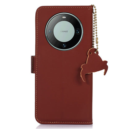 For Huawei Mate 60 RFID Blocking Genuine Cow Leather Case Silky Feeling Phone Stand Wallet Cover
