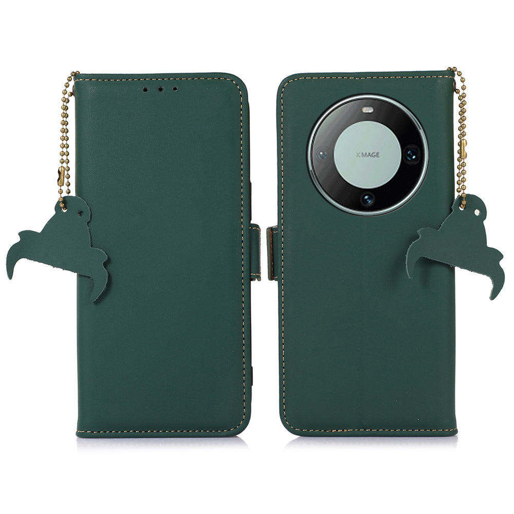 For Huawei Mate 60 RFID Blocking Genuine Cow Leather Case Silky Feeling Phone Stand Wallet Cover