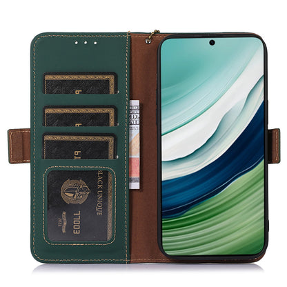 For Huawei Mate 60 RFID Blocking Genuine Cow Leather Case Silky Feeling Phone Stand Wallet Cover