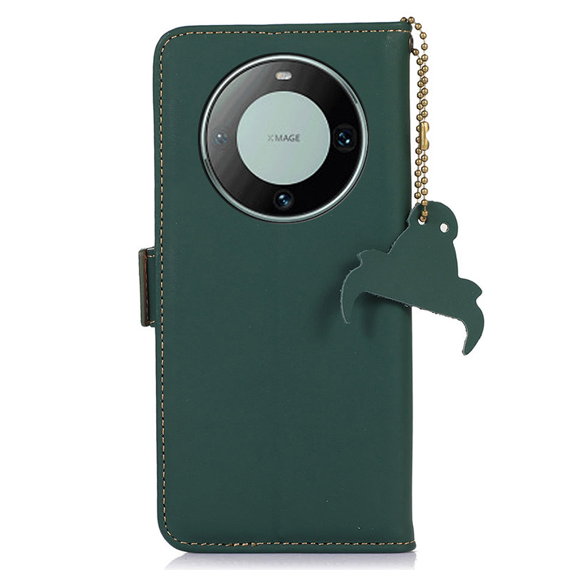 For Huawei Mate 60 RFID Blocking Genuine Cow Leather Case Silky Feeling Phone Stand Wallet Cover