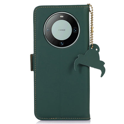 For Huawei Mate 60 RFID Blocking Genuine Cow Leather Case Silky Feeling Phone Stand Wallet Cover