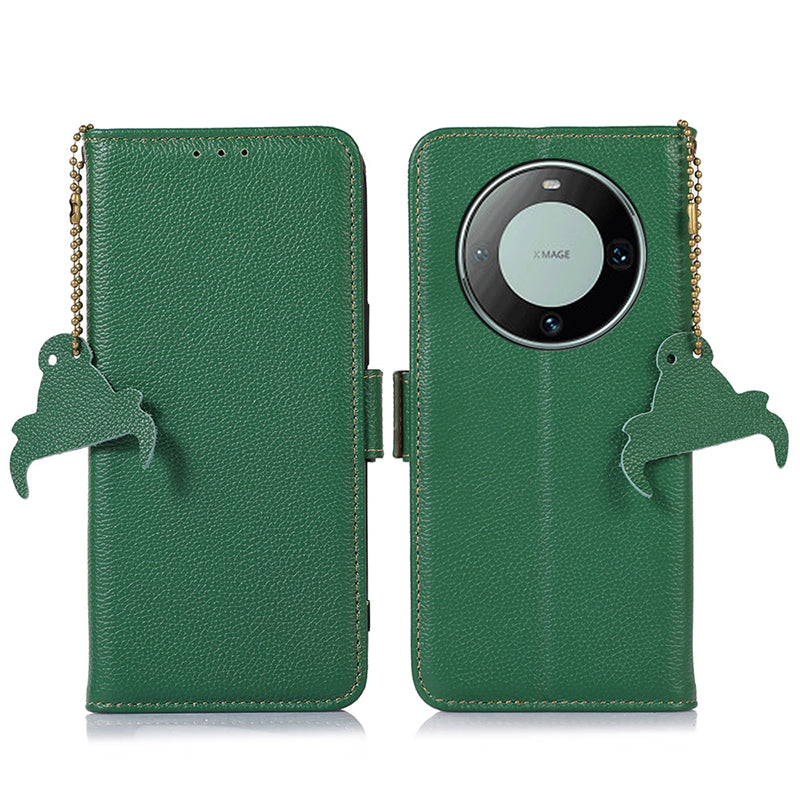 RFID Blocking Shell for Huawei Mate 60 , Litchi Texture Genuine Cow Leather Phone Case Wallet Stand Flip Cover