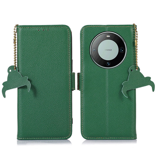 RFID Blocking Shell for Huawei Mate 60 , Litchi Texture Genuine Cow Leather Phone Case Wallet Stand Flip Cover