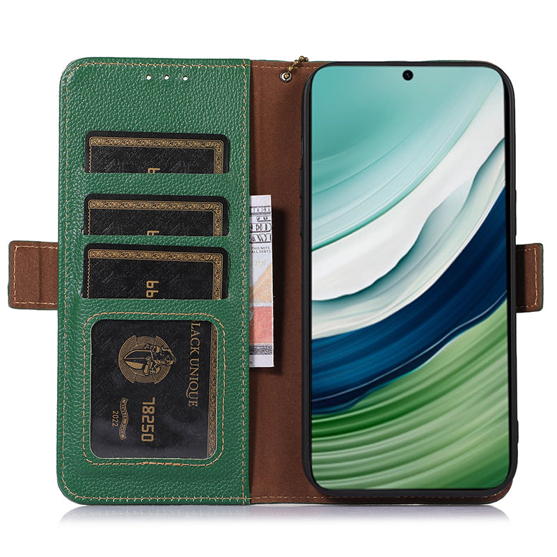 RFID Blocking Shell for Huawei Mate 60 , Litchi Texture Genuine Cow Leather Phone Case Wallet Stand Flip Cover