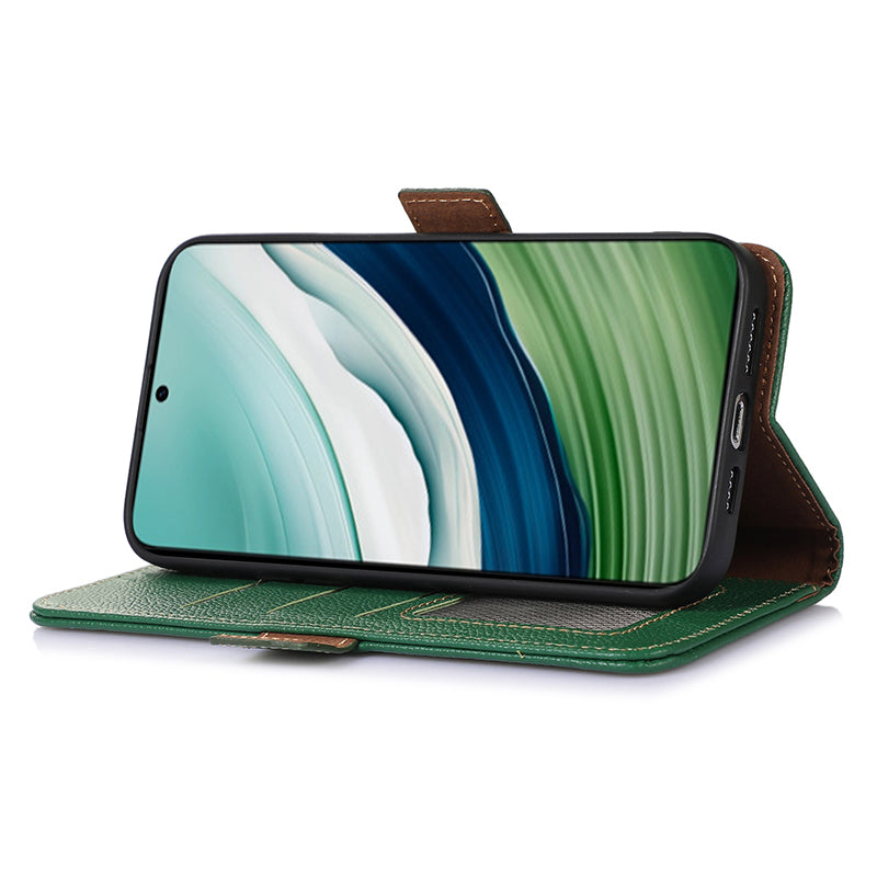 RFID Blocking Shell for Huawei Mate 60 , Litchi Texture Genuine Cow Leather Phone Case Wallet Stand Flip Cover