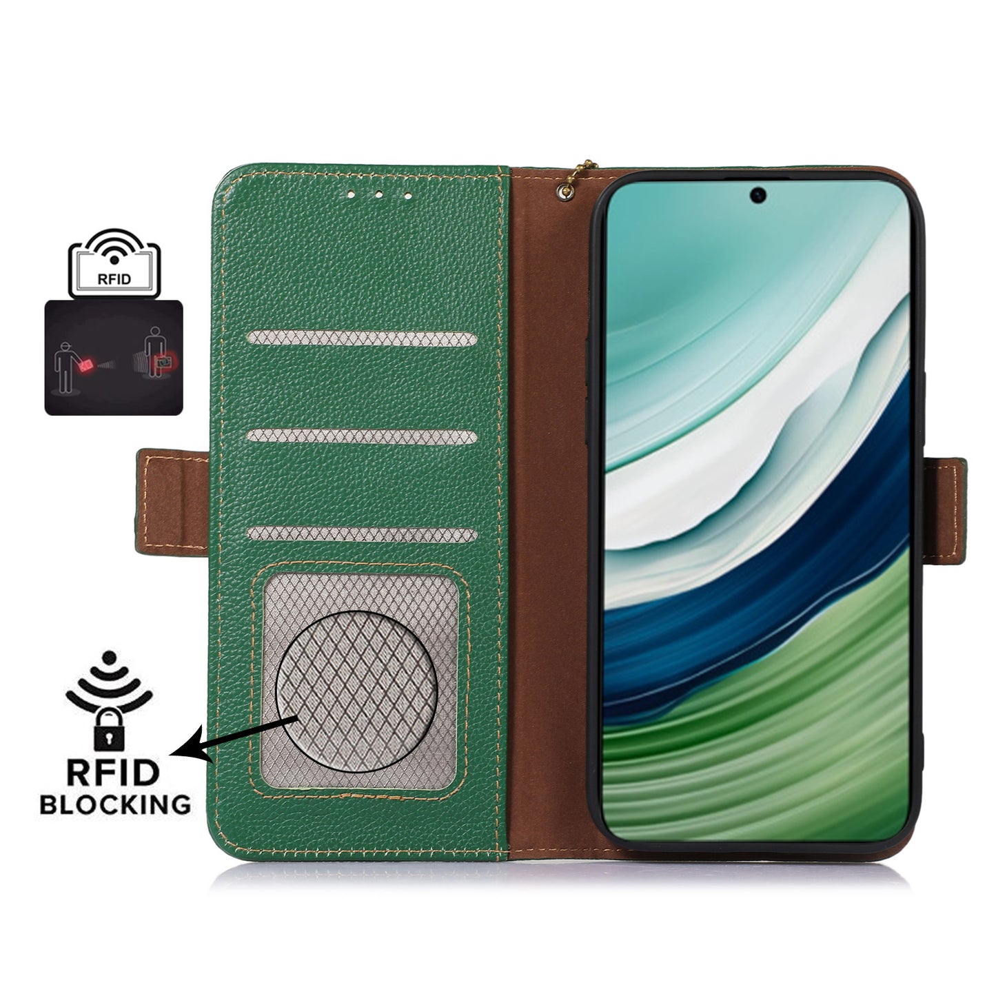 RFID Blocking Shell for Huawei Mate 60 , Litchi Texture Genuine Cow Leather Phone Case Wallet Stand Flip Cover