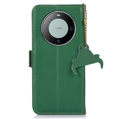RFID Blocking Shell for Huawei Mate 60 , Litchi Texture Genuine Cow Leather Phone Case Wallet Stand Flip Cover