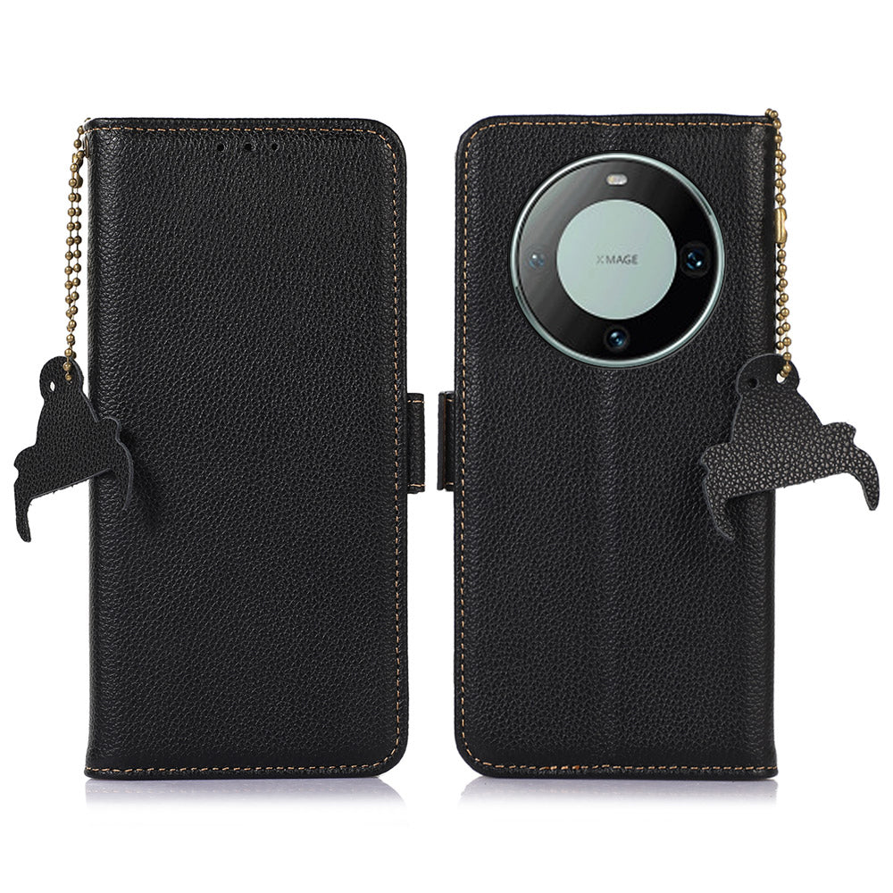 RFID Blocking Shell for Huawei Mate 60 , Litchi Texture Genuine Cow Leather Phone Case Wallet Stand Flip Cover