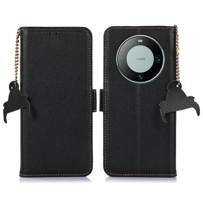 RFID Blocking Shell for Huawei Mate 60 , Litchi Texture Genuine Cow Leather Phone Case Wallet Stand Flip Cover
